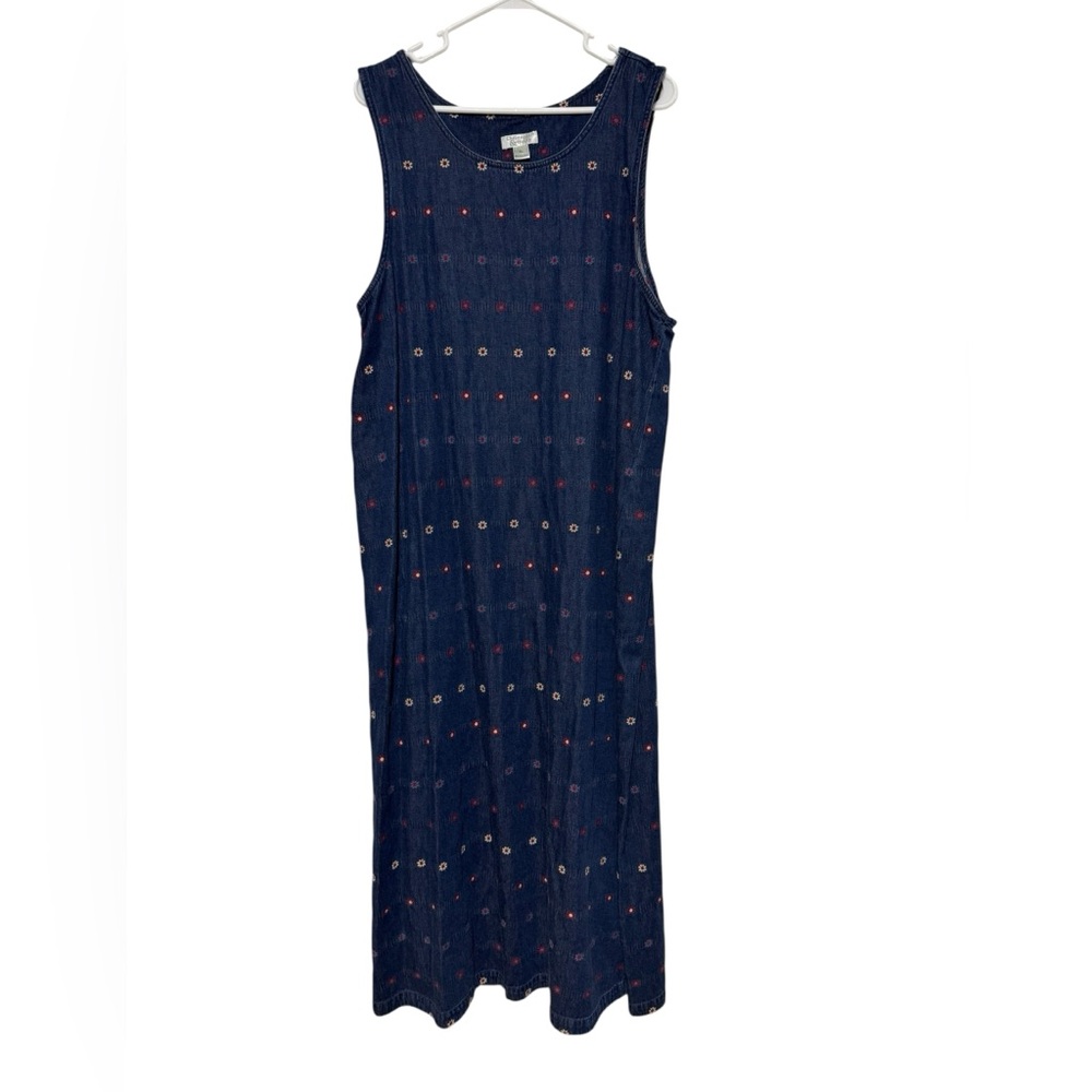 Vintage Denim Jean Maxi Overall Dress Size XL Embroidered Flowers Fourth of July
